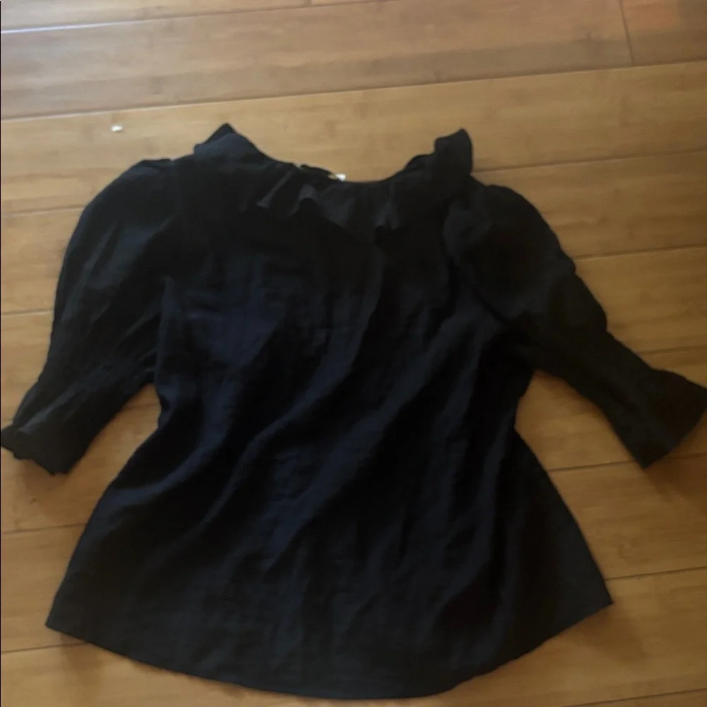 Laura Ashley Black Puff Sleeve Ruffle Button-Front Blouse - Picture 4 of 4